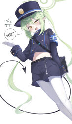Rule 34 | +++, 1girl, absurdres, belt, black belt, black hat, black jacket, black shorts, black tail, blue archive, blush, buttons, demon tail, double-breasted, fang, gloves, green hair, green halo, halo, hasarang, hat, nozomi (blue archive), highres, jacket, korean text, long hair, long sleeves, open mouth, pantyhose, peaked cap, pointy ears, shorts, simple background, skin fang, smile, solo, speech bubble, tail, twintails, white background, white gloves, white pantyhose, yellow eyes