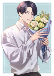 Rule 34 | 1boy, black hair, blue background, blue eyes, bouquet, earrings, english text, flower, highres, holding, holding bouquet, jewelry, long sleeves, male focus, original, shirt, short hair, smile, solo, standing, white day, white shirt, yori (ito haruki)