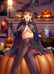 Rule 34 | 1girl, breasts, brown eyes, brown hair, cleavage, covered erect nipples, dragon@harry, halloween, happy halloween, hat, highres, jack-o&#039;-lantern, large breasts, nipples, original, pantyhose, puffy nipples, pumpkin, see-through, sitting, solo, trick or treat, wand, witch, witch hat