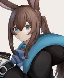 Rule 34 | 1girl, amiya (arknights), animal ears, arknights, ascot, black jacket, blue ascot, blue eyes, blush, brown hair, closed mouth, cup, grey background, hair between eyes, highres, holding, holding cup, hood, jacket, jewelry, long hair, long sleeves, looking at viewer, open clothes, open jacket, parted lips, ponytail, rabbit ears, ring, shirt, sima (164s25), simple background, solo, upper body, white background, white shirt