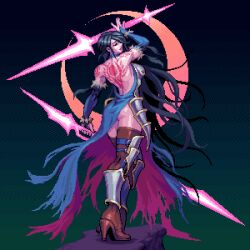 Rule 34 | 1girl, armor, backless outfit, bare shoulders, black hair, boots, breasts, bridal gauntlets, castlevania (series), castlevania: order of ecclesia, dress, energy sword, from behind, full body, gloves, large breasts, long hair, moon, omegachaino, pixel art, shanoa, solo, standing, sword, tattoo, thigh boots, thighhighs, very long hair, weapon