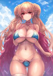 Rule 34 | 1girl, absurdres, aqua bikini, azur lane, bikini, blue sky, braid, breasts, brown hair, cleavage, closed mouth, collarbone, commentary request, day, denchi more power, expressionless, formidable (azur lane), formidable (the lady of the beach) (azur lane), gluteal fold, highres, huge filesize, long hair, looking at viewer, navel, official alternate costume, outdoors, red eyes, single thighhigh, sky, solo, swimsuit, tan, tanline, thighhighs, twin braids, very long hair, water drop, white thighhighs