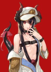 Rule 34 | 1girl, bangosu, bare shoulders, belt bra, black gloves, black hair, breasts, buckle, collarbone, commentary request, curled horns, fingernails, gloves, hair between eyes, hat, highres, horns, jacket, long hair, navel, red background, red eyes, red ribbon, ribbon, simple background, small breasts, solo, tongue, tongue out, vgaming, virtual youtuber, white hat, white jacket, yoruno yui