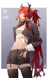 Rule 34 | 1girl, absurdres, alternate costume, arknights, black choker, black jacket, black shorts, black thighhighs, breasts, choker, cleavage, commentary, cowboy shot, cropped jacket, hair intakes, highres, horns, jacket, long hair, medium breasts, midriff, navel, open clothes, open jacket, ponytail, purple eyes, red hair, shorts, solo, standing, stomach, strapless, surtr (arknights), thighhighs, thighs, tube top, very long hair, wushier