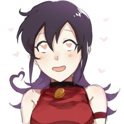 Rule 34 | 1girl, artist request, blush, drawfag, duel masters, eyelashes, hair between eyes, heart, heart-shaped pupils, long hair, open mouth, purple hair, simple background, smile, solo, source request, symbol-shaped pupils, tasogare mimi, upper body, white background