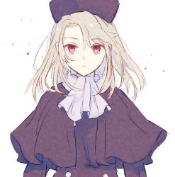 Rule 34 | 1girl, ascot, black capelet, black hat, black shirt, blonde hair, blouse, capelet, fate/stay night, fate (series), fur hat, hat, highres, illyasviel von einzbern, long hair, long sleeves, looking at viewer, machi (uqyjee), papakha, red eyes, shirt, solo, upper body, white ascot, white background