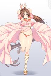 Rule 34 | 1girl, arms up, bare shoulders, breasts, brown eyes, brown hair, circlet, cleavage, closed mouth, clothes lift, dress, dress lift, fire emblem, fire emblem: mystery of the emblem, highres, legs, lindaroze, linde (fire emblem), long hair, looking at viewer, nintendo, orange panties, panties, ponytail, red panties, sandals, small breasts, smile, solo, toenails, toes, underwear, very long hair, wind, wind lift