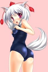 Rule 34 | 1girl, animal ears, bad id, bad pixiv id, female focus, hat, highres, inubashiri momiji, one-piece swimsuit, red eyes, school swimsuit, short hair, silver hair, solo, swimsuit, tail, tera hiroshi, tokin hat, touhou, wolf ears, wolf tail