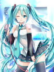 Rule 34 | 1girl, cowboy shot, detached sleeves, gradient background, green eyes, green hair, hatsune miku, headset, highres, long hair, matching hair/eyes, microphone, nail polish, necktie, omoomomo, one eye closed, skirt, solo, tattoo, thighhighs, twintails, very long hair, vocaloid