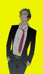 Rule 34 | 1boy, adachi tooru, belt, black hair, black jacket, black pants, brown belt, business suit, collared shirt, commentary, cowboy shot, formal, grey eyes, hands in pockets, jacket, kaninn, long sleeves, looking to the side, male focus, necktie, open clothes, open jacket, open mouth, pants, persona, persona 4, red necktie, shirt, short hair, simple background, solo, standing, suit, sunglasses, symbol-only commentary, white shirt, yellow background