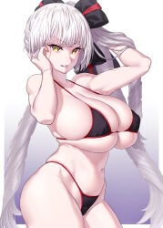 Rule 34 | 1girl, bare shoulders, bikini, black bikini, breasts, cleavage, fate/grand order, fate (series), hair ribbon, highres, huge breasts, long hair, looking at viewer, marie antoinette (alter) (fate), marie antoinette (alter) (third ascension) (fate), marie antoinette (fate), onsoku inu, purple lips, ribbon, side ponytail, skindentation, solo, swimsuit, thighs, very long hair, white hair, yellow eyes