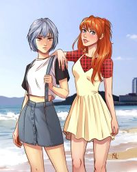 Rule 34 | 2girls, alternate costume, arm on another&#039;s shoulder, ayanami rei, beach, blue eyes, blue hair, blush, casual, commentary, english commentary, expressionless, eyebrows hidden by hair, highres, kath lobo, multiple girls, neon genesis evangelion, ocean, orange hair, parted lips, plaid, plaid shirt, red eyes, shirt, short hair, skirt, smile, souryuu asuka langley, suspender skirt, suspenders, thick lips, unmoving pattern, water