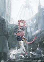 Rule 34 | 1girl, 2others, absurdres, animal ears, architecture, arknights, bayonet, black hairband, blue skirt, braid, candle, car, cat ears, cat girl, cat tail, chinese commentary, coat, commentary request, drone, goldenglow (arknights), gumiaoandpeace, gun, hairband, helmet, highres, holding, holding phone, id card, lightning bolt print, long hair, looking back, motor vehicle, multiple others, muted color, outdoors, parted lips, phone, pink coat, pink footwear, pink hair, shirt, shoes, skirt, sneakers, tail, thighhighs, weapon, weibo watermark, white shirt, white thighhighs, yellow eyes