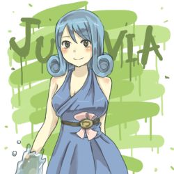 Rule 34 | 1girl, bare shoulders, blue hair, blush, character name, curly hair, dress, erinan, fairy tail, green background, juvia lockser, smile, solo, water