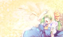 Rule 34 | 1girl, :d, ^ ^, ascot, blush, closed eyes, daiyousei, dress, closed eyes, female focus, flower, green hair, hair ribbon, holding, holding flower, kaiza (rider000), open mouth, ribbon, side ponytail, smile, solo, touhou, wings