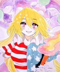 Rule 34 | 1girl, american flag dress, blonde hair, blush, breasts, clownpiece, commentary request, grin, hair between eyes, hat, holding, holding torch, jester cap, long hair, looking at viewer, marker (medium), matsuppoi, medium breasts, neck ruff, pink eyes, polka dot, purple background, purple hat, short sleeves, smile, solo, sparkle, star (symbol), star print, torch, touhou, traditional media, upper body, very long hair