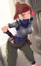 Rule 34 | 1girl, armor, backlighting, belt, black gloves, blue bodysuit, blush, bodysuit, bodysuit under clothes, boobplate, breastplate, breasts, brown eyes, brown hair, cait aron, closed mouth, covered collarbone, elbow sleeve, final fantasy, final fantasy vii, final fantasy vii remake, fingerless gloves, fishnet top, fishnets, gloves, green pants, hands on own hips, headband, highres, jessie rasberry, large breasts, long hair, looking at viewer, pants, parted bangs, pauldrons, pouch, red headband, short sleeves, shoulder armor, smile, solo