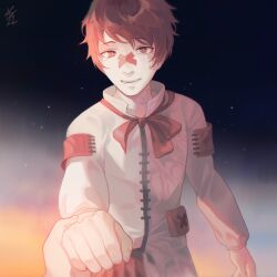 Rule 34 | 1boy, 1other, driftwoodwolf, fukase, holding hands, looking at viewer, open mouth, pov, pov hands, red eyes, red hair, ribbon, smile, star (sky), tears, teeth, vocaloid