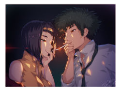 Rule 34 | 1boy, 1girl, a.x., afro, bare shoulders, black hair, breasts, brown eyes, cigarette, collared shirt, copyright name, cowboy bebop, dated, dress shirt, embers, face-to-face, faye valentine, hairband, hand to own mouth, large breasts, long sleeves, necktie, shirt, short hair, sleeves rolled up, smoking, spike spiegel, vest, white shirt, yellow hairband, yellow vest