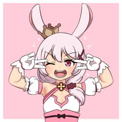 Rule 34 | 1girl, animal ears, armpits, bare shoulders, basukechi, crown, double v, fox ears, gloves, hair between eyes, highres, honkai (series), honkai impact 3rd, looking at viewer, one eye closed, open mouth, pink background, pink eyes, pink hair, side ponytail, solo, teeth, theresa apocalypse, theresa apocalypse (sakuno rondo), v, white gloves