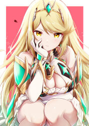Rule 34 | 1girl, bare shoulders, blonde hair, breasts, chest jewel, cleavage, core crystal (xenoblade), dangle earrings, drop earrings, earrings, gem, gloves, headpiece, highres, jewelry, large breasts, long hair, looking at viewer, mythra (xenoblade), pout, solo, swept bangs, tiara, ui frara, xenoblade chronicles (series), xenoblade chronicles 2, yellow eyes