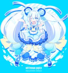 Rule 34 | 1girl, ;d, ahoge, bad id, bad pixiv id, blue eyes, bottle, frilled skirt, frills, hair ornament, holding, long hair, looking at viewer, navel, one eye closed, open mouth, original, oshioshio, pantyhose, papico (ice cream), skirt, smile, soda bottle, solo, twintails, white hair