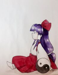 Rule 34 | 1girl, bow, commentary request, from side, hair bow, hair tubes, hakurei reimu, hakurei reimu (pc-98), japanese clothes, kaigen 1025, kimono, long hair, long sleeves, no shoes, orb, painting (medium), purple hair, red bow, red skirt, simple background, sitting, skirt, socks, solo, touhou, touhou (pc-98), traditional media, watercolor (medium), white background, white kimono, white sleeves, white socks, yin yang, yin yang orb