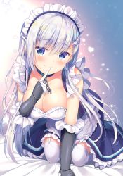Rule 34 | 1girl, all fours, apron, azur lane, belfast (azur lane), blue eyes, blush, braid, breasts, chain, cleavage, collar, collarbone, crawling, dress, finger to mouth, french braid, frills, garter straps, gloves, hair between eyes, head tilt, highres, large breasts, long hair, looking at viewer, maid, maid headdress, shushing, silver hair, smile, solo, thighhighs, tomoo (tomo), white gloves, white thighhighs
