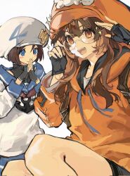 Rule 34 | 2girls, april (guilty gear), black gloves, blue eyes, blush, brown eyes, brown hair, cabbie hat, fingerless gloves, found modori, glasses, gloves, guilty gear, guilty gear strive, hat, highres, jacket, may (guilty gear), multiple girls, open mouth, orange headwear, orange jacket, own hands together, round eyewear, sparkle, thighs, white headwear, white jacket