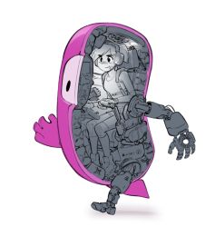 Rule 34 | 1girl, alternate universe, bandaid, bandaid on face, bandaid on nose, cross-section, fall guy, fall guys, high tops, machine, machinery, mecha, original, ponytail, psuede, robot, shoes, shorts, simple background, sitting, sneakers, tagme, tank top, white background