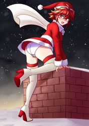 Rule 34 | 1girl, absurdres, ass, blush, boots, breasts, chimney, christmas, dress, embarrassed, fire emblem, fire emblem fates, from behind, hat, highres, hinoka (fire emblem), looking at viewer, nintendo, open mouth, orange eyes, panties, red hair, santa costume, santa hat, scarf, shiny skin, short dress, short hair, sideboob, snow, solo, thigh boots, thighhighs, underwear, will (willanator93)