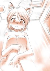 Rule 34 | 1girl, animal ear fluff, animal ears, animal nose, bare arms, bare shoulders, blush, breasts, cleavage, double bun, ebifly, embarrassed, furry, furry female, looking at viewer, monochrome, naked towel, orange theme, original, slit pupils, solo, standing, steam, sweat, towel, upper body