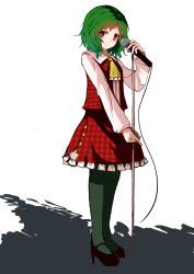 Rule 34 | &gt;:), 1girl, absurdres, ascot, black footwear, closed mouth, flower, frilled skirt, frills, from side, full body, green hair, green pantyhose, high heels, highres, kazami yuuka, long sleeves, looking at viewer, looking to the side, microphone, microphone stand, open clothes, open vest, pantyhose, plaid, plaid skirt, plaid vest, red eyes, sancking (fatekl), shoes, short hair, skirt, skirt set, solo, touhou, v-shaped eyebrows, vest