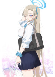 Rule 34 | 1girl, :d, absurdres, asuna (blue archive), bag, blonde hair, blue archive, blue eyes, blush, breasts, hair over one eye, halo, highres, jjjsss, large breasts, long hair, looking at viewer, open mouth, pleated skirt, school bag, school uniform, scrunchie, simple background, skirt, smile, solo, umbrella, white background