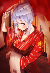 Rule 34 | 1girl, ayaka (genshin impact), blue eyes, blunt bangs, blush, breasts, cleavage, curtains, floral print, fwha4853, genshin impact, hand up, indoors, japanese clothes, kimono, long sleeves, medium breasts, mole, mole under eye, non porn, ponytail, red kimono, sidelocks, solo, towel, upper body, white hair, wide sleeves