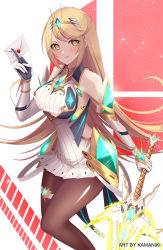 Rule 34 | 1girl, bare shoulders, black pantyhose, blonde hair, breasts, chest jewel, dress, earrings, elbow gloves, envelope, female focus, gem, gloves, headpiece, highres, jewelry, kamaniki, large breasts, long hair, looking at viewer, matching hair/eyes, mythra (massive melee) (xenoblade), mythra (xenoblade), nintendo, pantyhose, smash invitation, solo, super smash bros., super smash bros. logo, thigh strap, xenoblade chronicles (series), xenoblade chronicles 2, yellow eyes