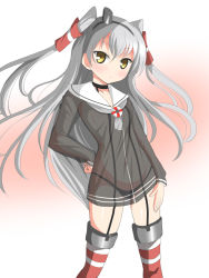 Rule 34 | 10s, 1girl, :&lt;, amatsukaze (kancolle), black panties, blush, deego (omochi bazooka), dress, garter straps, hand on own hip, highres, kantai collection, long hair, looking at viewer, navel, panties, sailor dress, school uniform, see-through, serafuku, short dress, silver hair, solo, striped clothes, striped thighhighs, suspenders, thighhighs, twintails, two side up, underwear, yellow eyes, zettai ryouiki