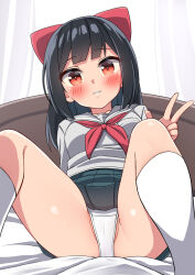 Rule 34 | 1girl, black hair, black skirt, blush, bow, breasts, commentary request, curtains, feet out of frame, grey sailor collar, hair bow, hand up, hekomii, highres, knees up, looking at viewer, neckerchief, original, panties, parted lips, partially visible vulva, pleated skirt, red bow, red eyes, red neckerchief, sailor collar, school uniform, serafuku, shirt, skirt, small breasts, smile, socks, solo, spread legs, underwear, w, white panties, white shirt, white socks