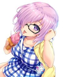 Rule 34 | 1girl, bag, black-framed eyewear, blush, breasts, collarbone, cowboy shot, dress, fate/grand order, fate (series), food, from above, hair over one eye, tucking hair, handbag, hinata sora, ice cream, jacket, large breasts, light purple hair, looking at viewer, looking up, mash kyrielight, mash kyrielight (senpai killer outfit), official alternate costume, open clothes, open jacket, plaid, plaid dress, purple eyes, short hair, solo, tongue, tongue out