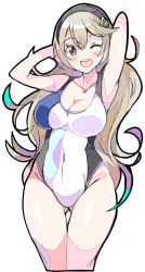 Rule 34 | 1girl, ;d, alternate costume, armpits, arms behind head, arms up, black hairband, blonde hair, blush, breasts, cleavage, collarbone, competition swimsuit, corrin (female) (fire emblem), corrin (fire emblem), covered navel, cropped legs, enpe, fire emblem, fire emblem fates, gluteal fold, groin, hairband, highres, large breasts, long hair, looking at viewer, nintendo, one-piece swimsuit, one eye closed, open mouth, pointy ears, round teeth, simple background, smile, solo, swimsuit, teeth, thigh gap, thighs, upper teeth only, very long hair, white background, white one-piece swimsuit