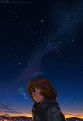 Rule 34 | 1girl, absurdres, blue eyes, brooke (mleth), brown hair, commentary, dawn, eclipse, english commentary, highres, huge filesize, landscape, light smile, lunar eclipse, mleth, moon, night, night sky, original, outdoors, scarf, sky, solo, star (sky), starry sky, upper body
