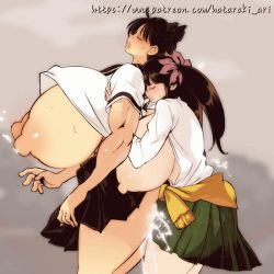 Rule 34 | 2girls, animated, animated gif, ass grab, black hair, breasts, brown hair, closed eyes, clothed sex, clothes, clothes lift, cum, cum in pussy, ejaculation, excessive cum, futa with female, futanari, gigantic breasts, glasses, grabbing, grabbing from behind, hataraki ari, huge breasts, huge penis, junko (hataraki), lactation, limon, looking at viewer, multiple girls, nipples, open mouth, original, penis, ponytail, saliva, saliva trail, school uniform, sex, sex from behind, shirt lift, skirt, skirt lift, standing, standing sex, twintails, ugoira, vaginal