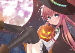 Rule 34 | 1girl, :q, absurdres, black thighhighs, blue eyes, blunt bangs, blush, closed mouth, food, go-toubun no hanayome, halloween, hat, highres, holding, holding food, holding pumpkin, holding vegetable, kirikaze ren, legs up, long hair, long sleeves, looking at viewer, moon, nakano nino, night, pink hair, pumpkin, smile, solo, thighhighs, tongue, tongue out, vegetable