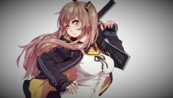 Rule 34 | 1girl, artist request, black gloves, black ribbon, blurry, blush, breasts, brown eyes, brown hair, fingerless gloves, girls&#039; frontline, gloves, gun, hair between eyes, hair ornament, hand on own hip, holding, holding gun, holding weapon, hood, hooded jacket, jacket, long hair, looking at viewer, medium breasts, neck ribbon, one side up, ribbon, scar, scar across eye, scar on face, scarf, side ponytail, sidelocks, simple background, skirt, smile, strap, submachine gun, twintails, ump45 (girls&#039; frontline), weapon, yellow eyes, zipper