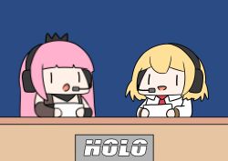 Rule 34 | 2girls, :d, :o, absurdres, blonde hair, blue background, chibi, commentary, desk, flat color, headphones, headset, highres, holding, holding paper, hololive, hololive english, long hair, long sleeves, microphone, mori calliope, multiple girls, necktie, news, open mouth, paper, phdpigeon, pink hair, pixelated, red necktie, sitting, smile, smol ame, smol calli, tiara, virtual youtuber, watson amelia, wing collar, | |