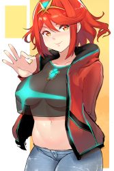 Rule 34 | 1girl, absurdres, alternate costume, breasts, crop top, crop top overhang, highres, jacket, large breasts, navel, no bra, ok sign, pyra (xenoblade), red eyes, red hair, robot cat (robotcatart), see-through, short hair, simple background, solo, xenoblade chronicles (series), xenoblade chronicles 2