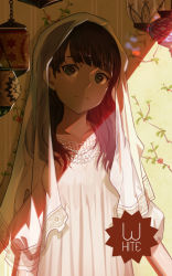 Rule 34 | 1girl, absurdres, black nails, brown eyes, brown hair, closed mouth, collarbone, dress, english text, frown, head tilt, highres, jewelry, long hair, looking at viewer, lu&quot;, mimori suzuko, nail polish, necklace, pearl necklace, real life, shade, solo, veil, wallpaper (object), wavy hair, white dress