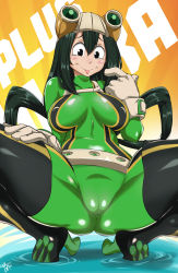 Rule 34 | 1girl, ass, asui tsuyu, bayeuxman, black eyes, bodysuit, boku no hero academia, breasts, cleft of venus, covered erect nipples, curvy, female focus, frog girl, gloves, green hair, large breasts, long hair, simple background, smile, solo, spread legs, squatting, tongue, tongue out