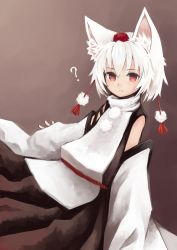 Rule 34 | 1girl, ?, animal ears, bad id, bad pixiv id, bare shoulders, detached sleeves, expressionless, female focus, hat, inubashiri momiji, kaneni, looking at viewer, red eyes, short hair, solo, tokin hat, touhou, upper body, white hair, wolf ears