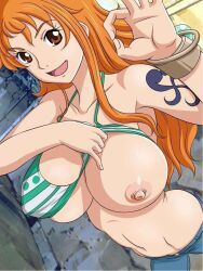 Rule 34 | 1girl, arm tattoo, artist request, bare shoulders, bikini, bikini top only, breasts, collarbone, denim, female focus, jeans, large breasts, long hair, looking at viewer, matching hair/eyes, nami (one piece), nipples, ok sign, one piece, open mouth, orange eyes, orange hair, pants, smile, solo, source request, tattoo, tongue